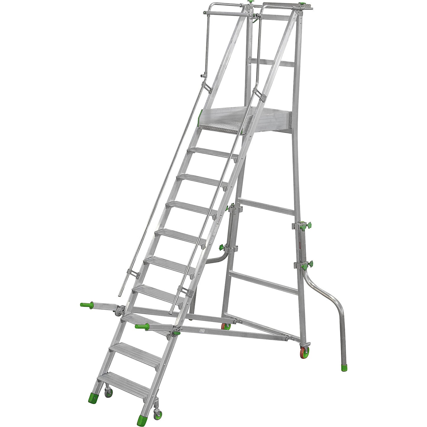 Mobile aluminium platform stairs, folding, with ribbed aluminium steps, 10 steps incl. platform.