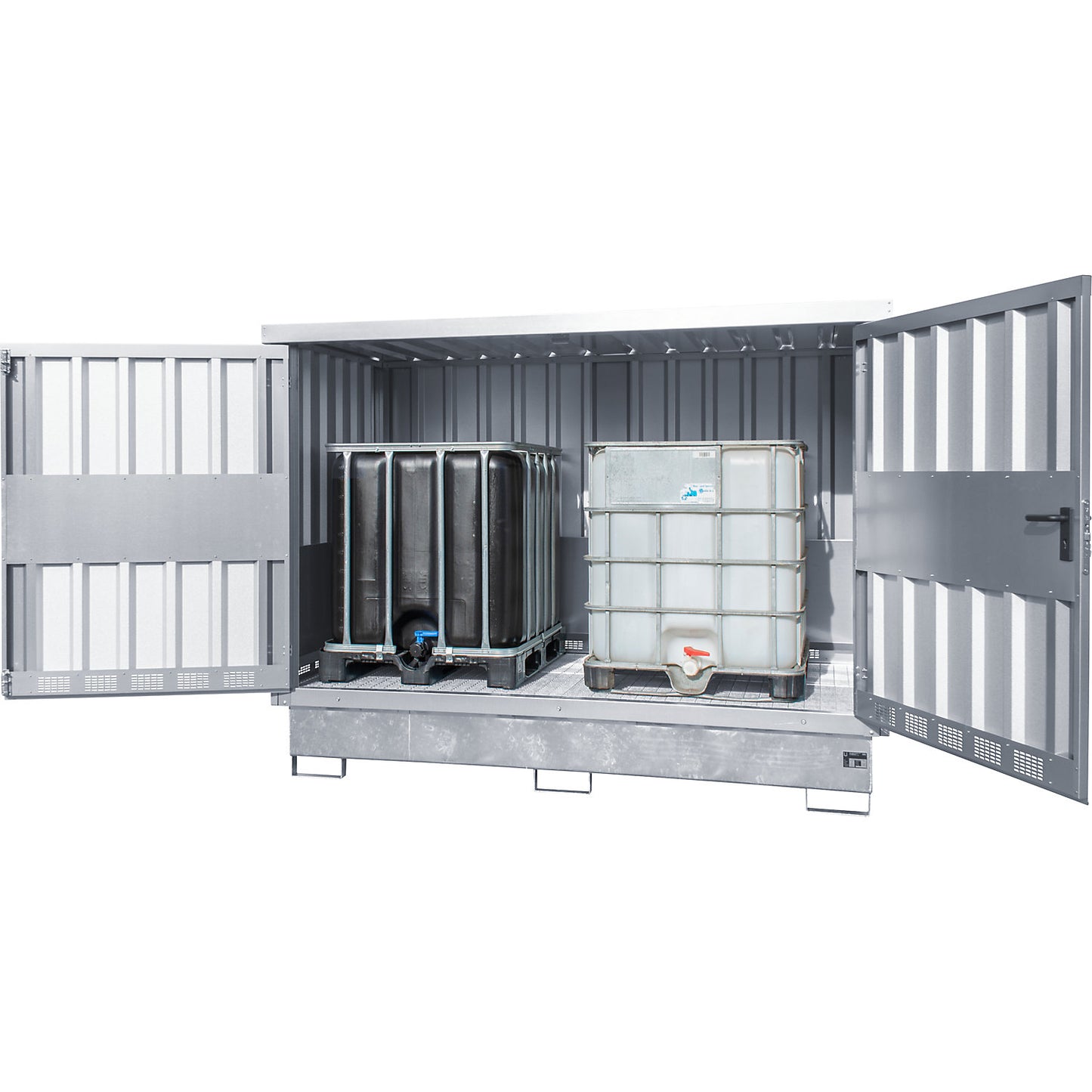 Steel hazardous goods storage depot, for 2 x 1000 litre IBC/CTC, zinc plated.