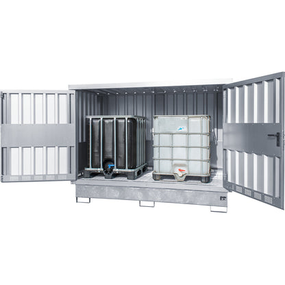 Steel hazardous goods storage depot, for 2 x 1000 litre IBC/CTC, zinc plated.