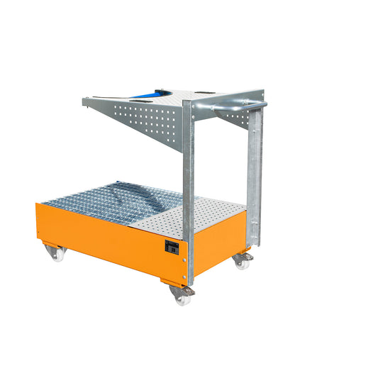 Mobile sump tray with perforated panel bracket, for 1 x 200 l drum, LxWxH 1450 x 800 x 1195 mm, painted yellow orange.