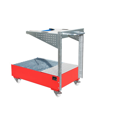 Mobile sump tray with perforated panel bracket, for 1 x 200 l drum, LxWxH 1450 x 800 x 1195 mm, painted flame red.
