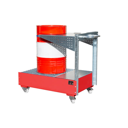 Mobile sump tray with perforated panel bracket, for 1 x 200 l drum, LxWxH 1450 x 800 x 1195 mm, painted flame red.
