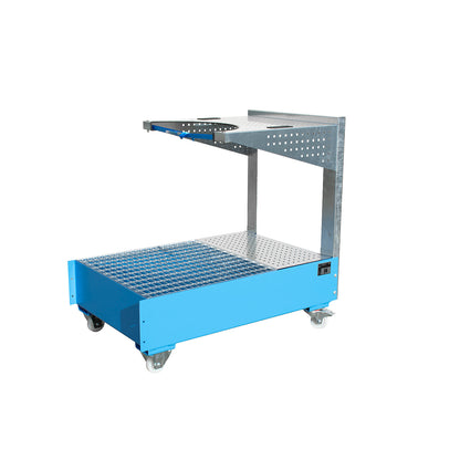 Mobile sump tray with perforated panel bracket, for 1 x 200 l drum, LxWxH 1450 x 800 x 1195 mm, painted light blue.