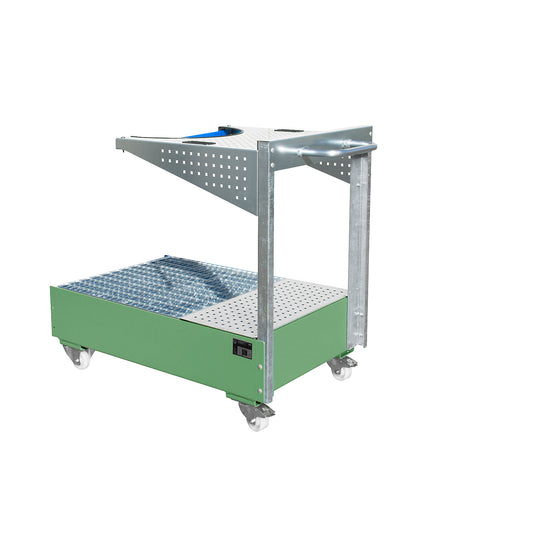 Mobile sump tray with perforated panel bracket, for 1 x 200 l drum, LxWxH 1450 x 800 x 1195 mm, painted reseda green.
