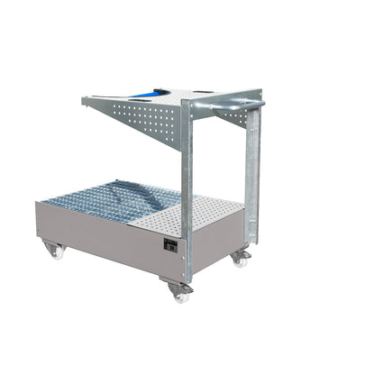Mobile sump tray with perforated panel bracket, for 1 x 200 l drum, LxWxH 1450 x 800 x 1195 mm, painted mouse grey.
