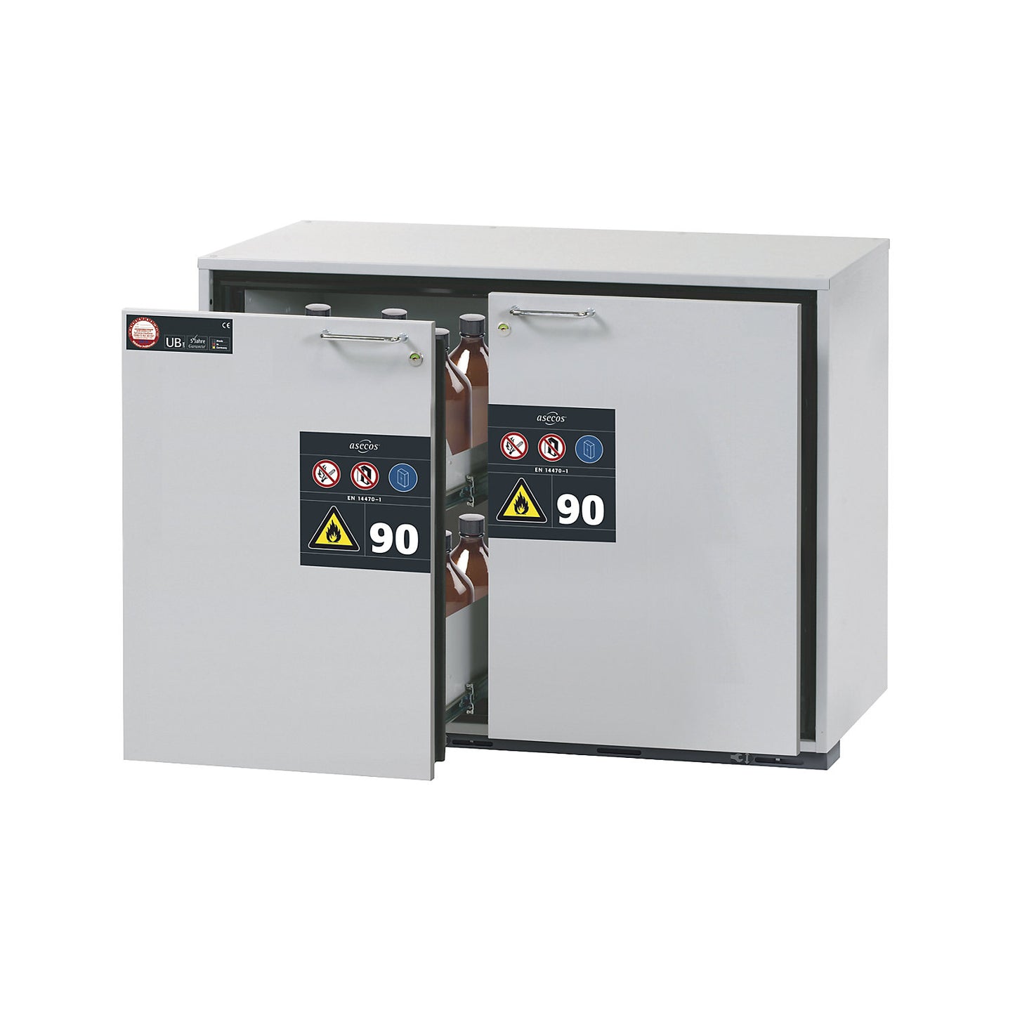 Type 90 fire resistant add-on drawer unit for hazardous goods, HxW 800 x 1102 mm, 2 drawers, 2 perforated sheet inserts, 2 pull-out levels.