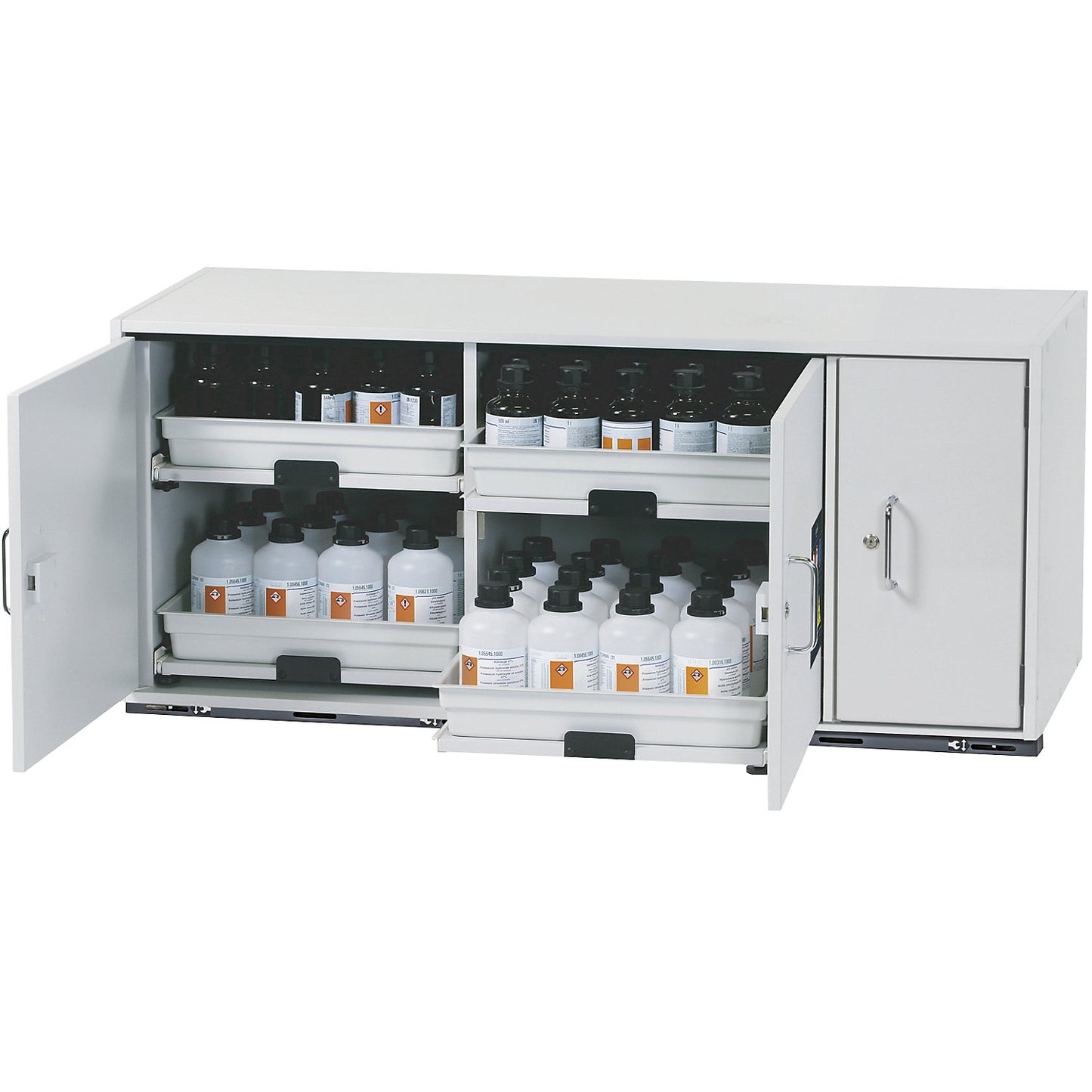 Hazardous goods base cupboard for acids and alkaline solutions, 3-door, HxWxD 600 x 1400 x 570 mm, 4 drawers.