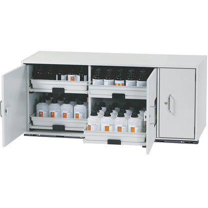 Hazardous goods base cupboard for acids and alkaline solutions, 3-door, HxWxD 600 x 1400 x 570 mm, 4 drawers.