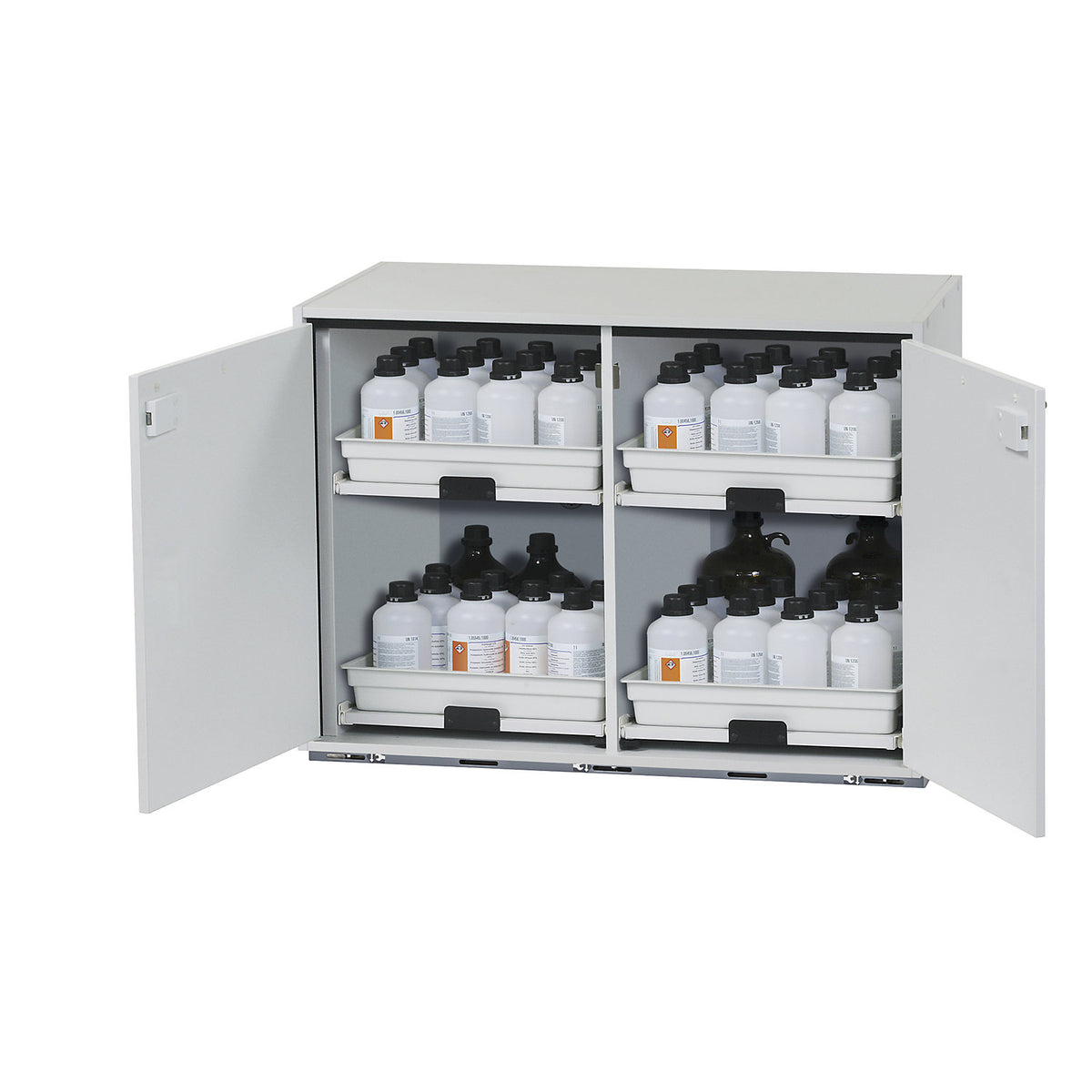 Hazardous goods base cupboard for acids and alkaline solutions, 2-door, HxWxD 800 x 1100 x 570 mm, 4 drawers.