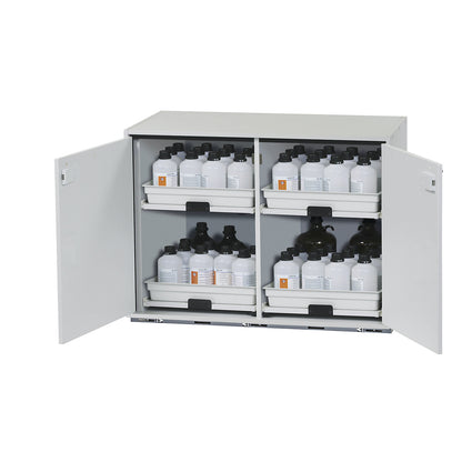 Hazardous goods base cupboard for acids and alkaline solutions, 2-door, HxWxD 800 x 1100 x 570 mm, 4 drawers.