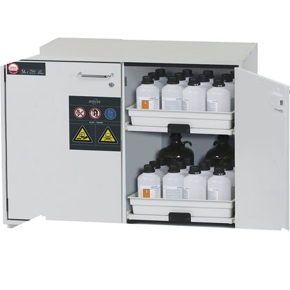 Hazardous goods base cupboard for acids and alkaline solutions, 2-door, HxWxD 800 x 1100 x 570 mm, 4 drawers.
