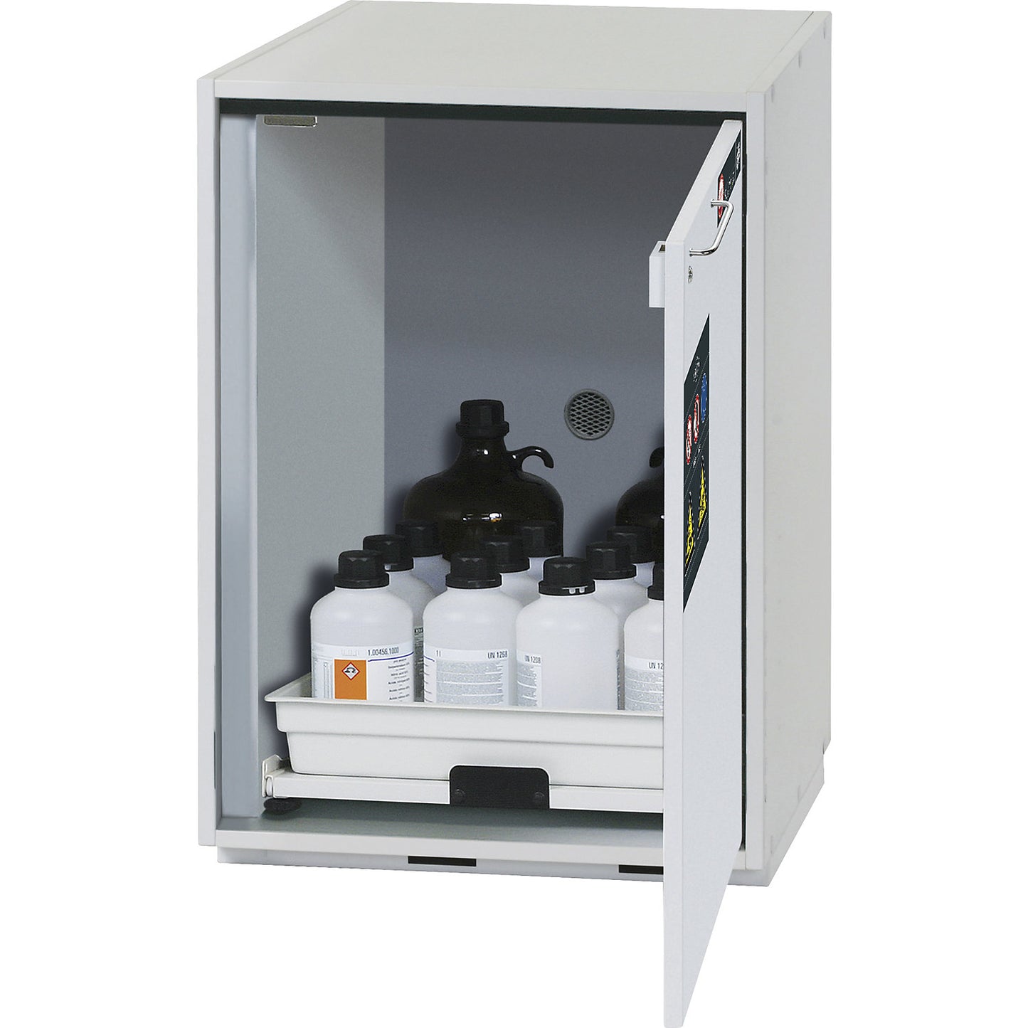 Hazardous goods base cupboard for acids and alkaline solutions, 1-door, HxWxD 800 x 590 x 570 mm, 1 drawer.