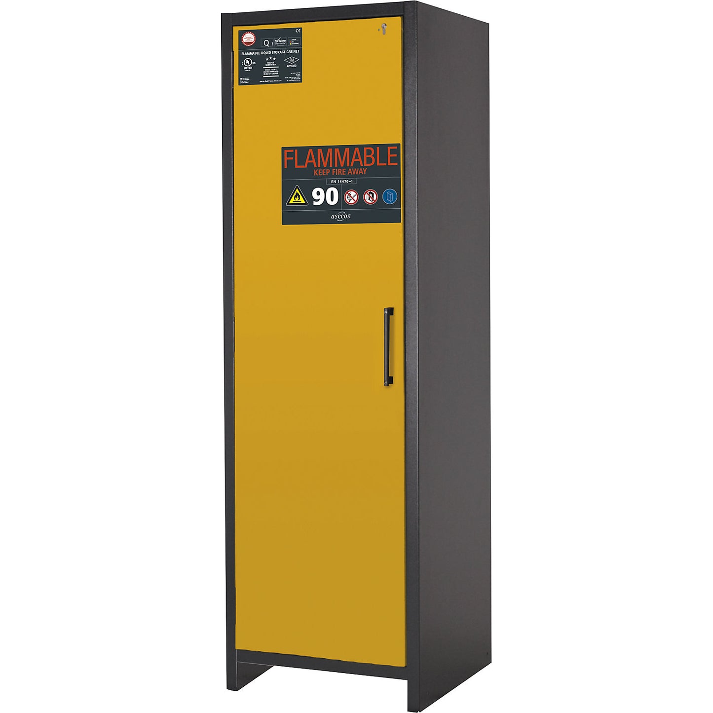 FM/UL/ULC/Type 90 fire resistant hazardous goods storage cupboard, 1 door, HxWxD 1953 x 599 x 615 mm, grey/yellow.