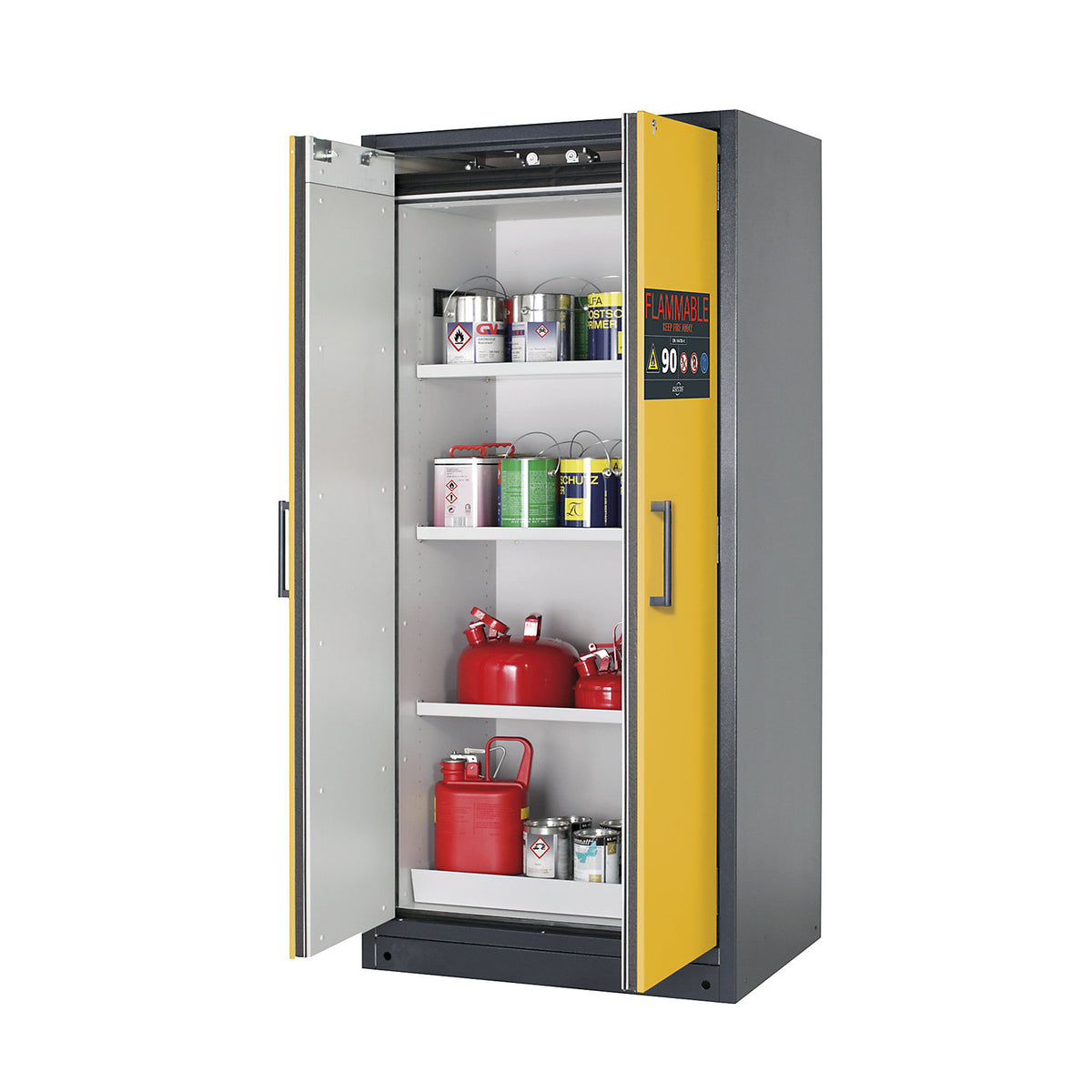 FM/UL/ULC/Type 90 fire resistant hazardous goods storage cupboard, 2 doors, HxWxD 1953 x 893 x 615 mm, grey/yellow.
