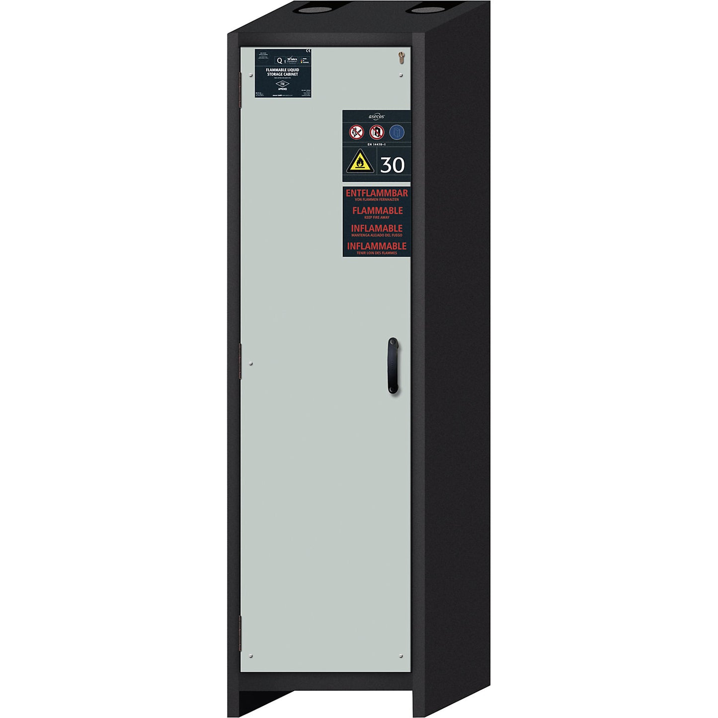 FM/UL/ULC/Type 30 fire resistant hazardous goods storage cupboard, 1-door, width 564 mm, grey/grey.