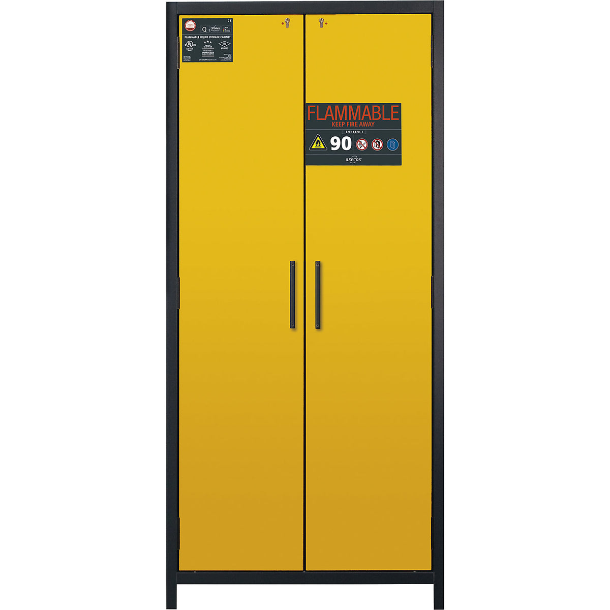 FM/UL/ULC/Type 90 fire resistant hazardous goods storage cupboard, 2 doors, HxWxD 1953 x 893 x 615 mm, grey/yellow.