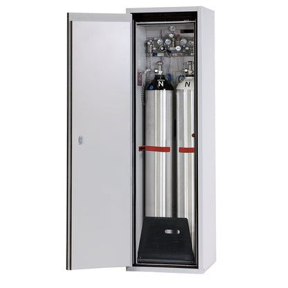 G90 fire-resistant pressurised gas cylinder cupboard, for storage in workrooms, for 2 x 50 l bottles.