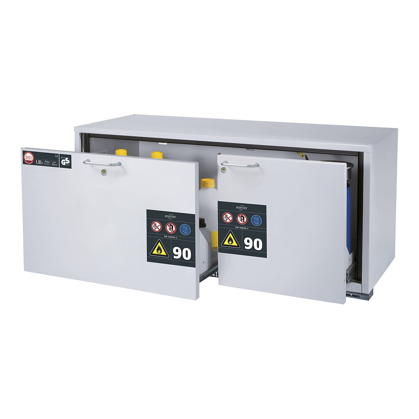 Type 90 fire resistant add-on drawer unit for hazardous goods, HxW 600 x 1402 mm, 2 drawers, light grey.