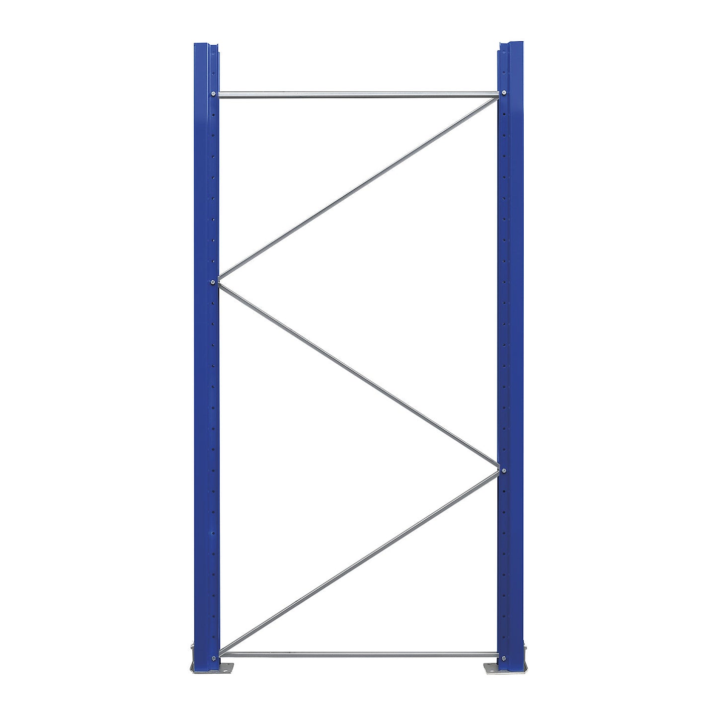 Pallet racking upright frame, pre-assembled, gentian blue RAL 5010 / zinc plated, HxD 2100 x 1100 mm.