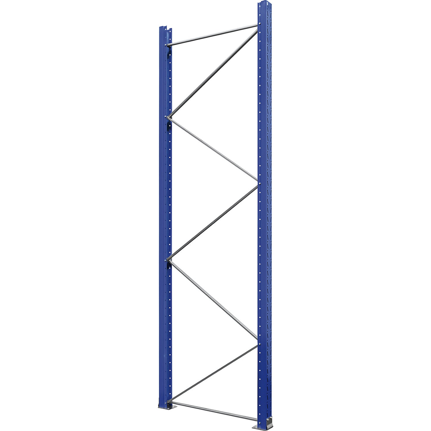 Pallet racking upright frame, flat pack, gentian blue RAL 5010 / zinc plated, HxD 3360 x 1100 mm.