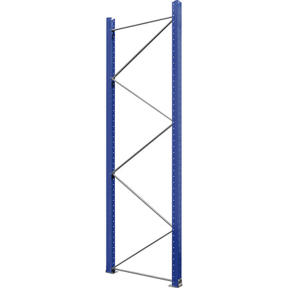 Pallet racking upright frame, flat pack, gentian blue RAL 5010 / zinc plated, HxD 3360 x 1100 mm.