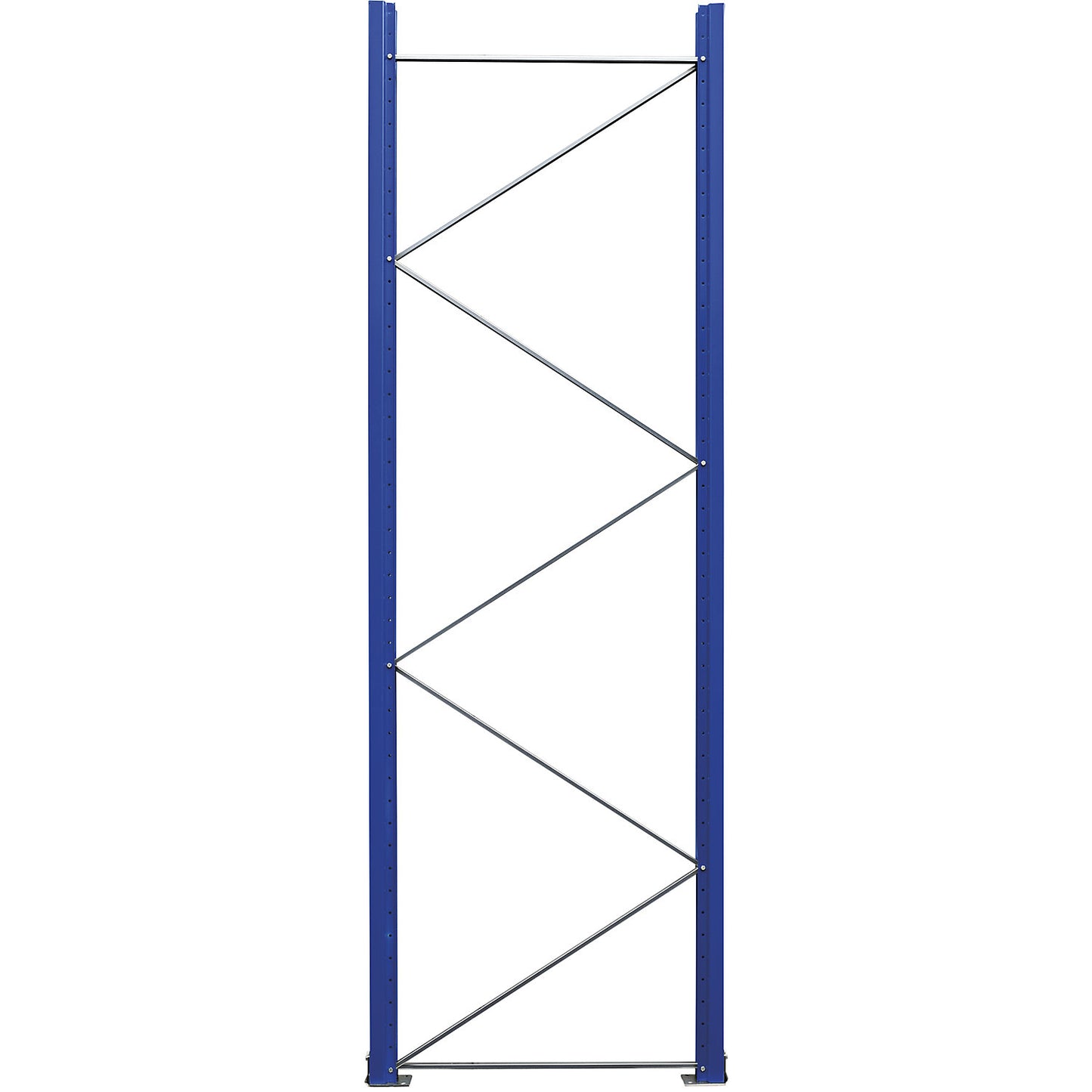 Pallet racking upright frame, pre-assembled, gentian blue RAL 5010 / zinc plated, HxD 3360 x 1100 mm.