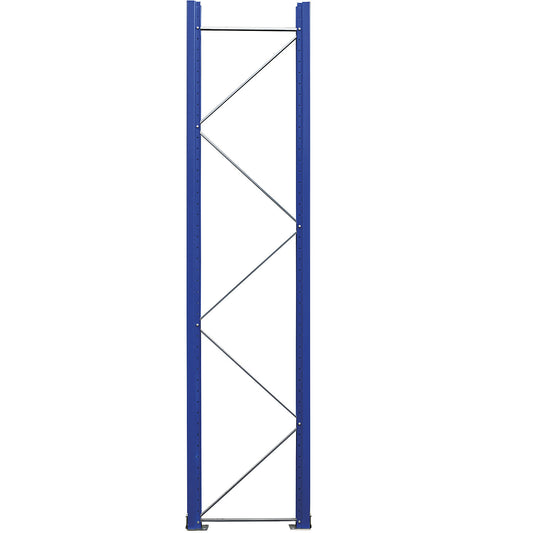 Pallet racking upright frame, flat pack, gentian blue RAL 5010 / zinc plated, HxD 3360 x 750 mm.