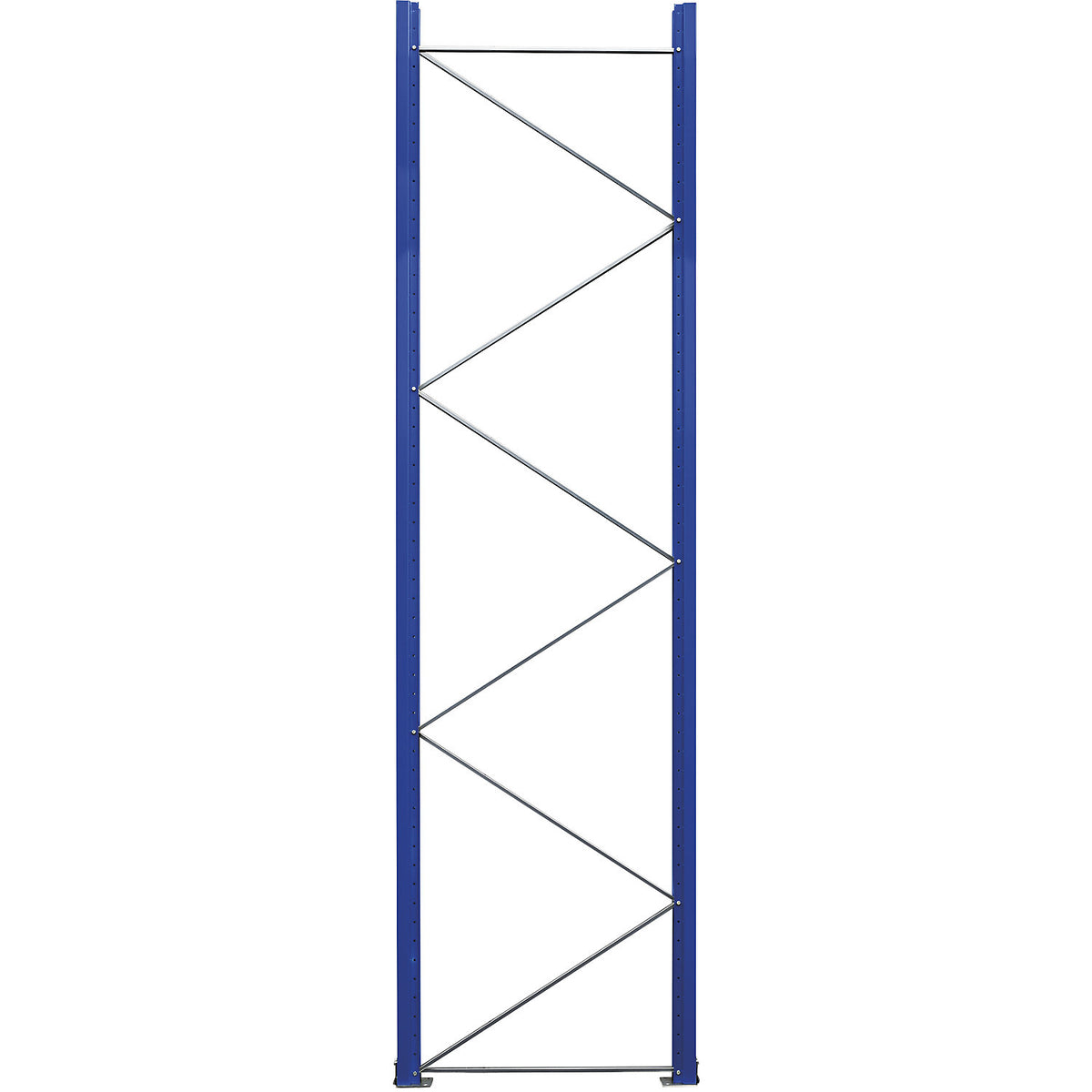 Pallet racking upright frame, pre-assembled, gentian blue RAL 5010 / zinc plated, HxD 3990 x 1100 mm.
