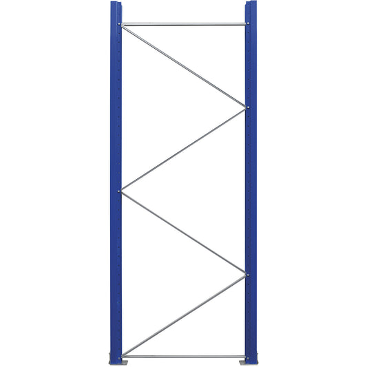 Pallet racking upright frame, flat pack, gentian blue RAL 5010 / zinc plated, HxD 2730 x 1100 mm.