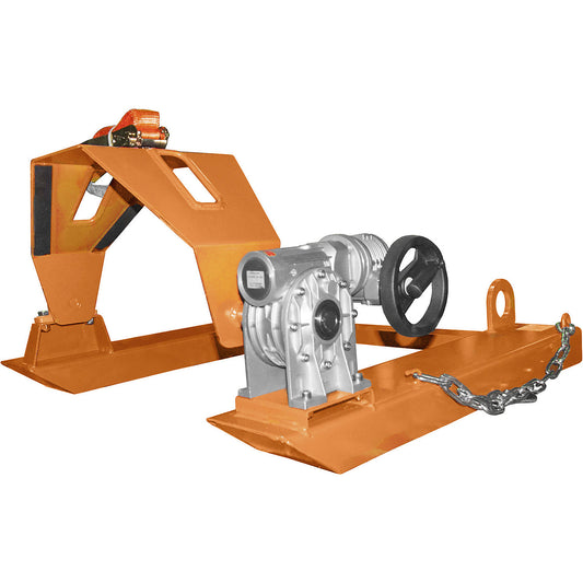 Drum tilting unit, for forklift and crane operation, with hand crank, painted yellow orange.