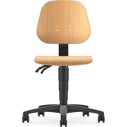 Industrial swivel chair, with gas lift height adjustment, beech plywood, with castors.
