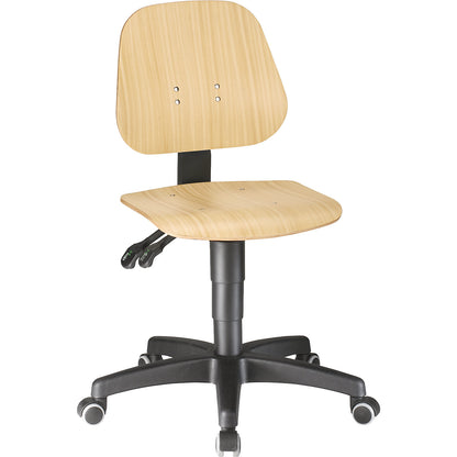 Industrial swivel chair, with gas lift height adjustment, beech plywood, with castors.