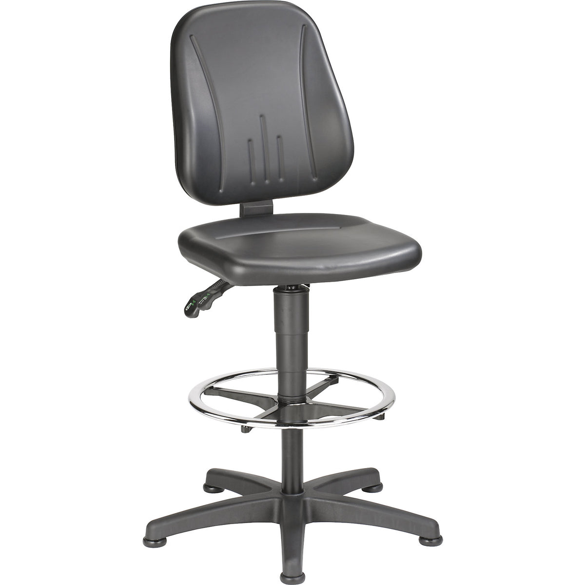 Unitec industrial swivel chair, with gas lift height adjustment, vinyl cover, black, with floor glides and foot ring.