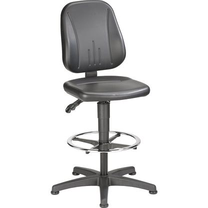 Unitec industrial swivel chair, with gas lift height adjustment, vinyl cover, black, with floor glides and foot ring.
