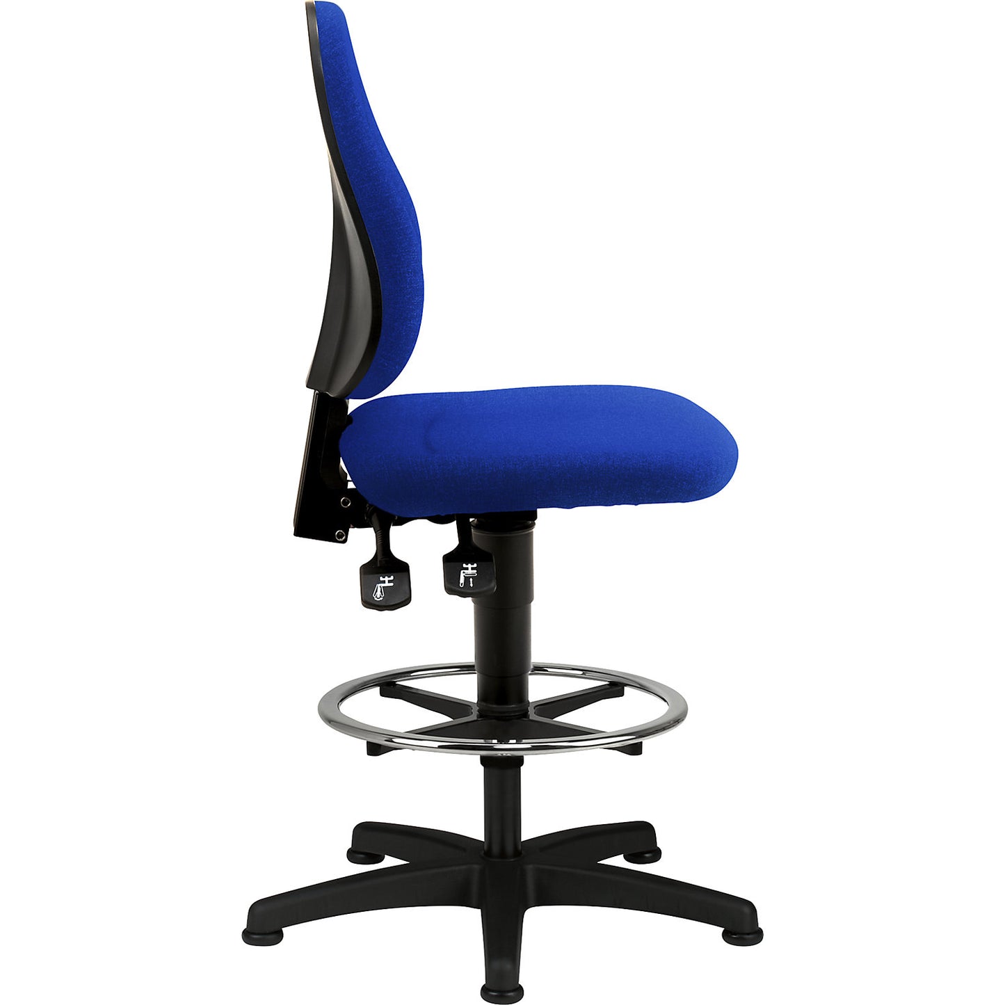 Industrial swivel chair, with gas lift height adjustment, fabric cover, blue, with floor glides and foot ring.
