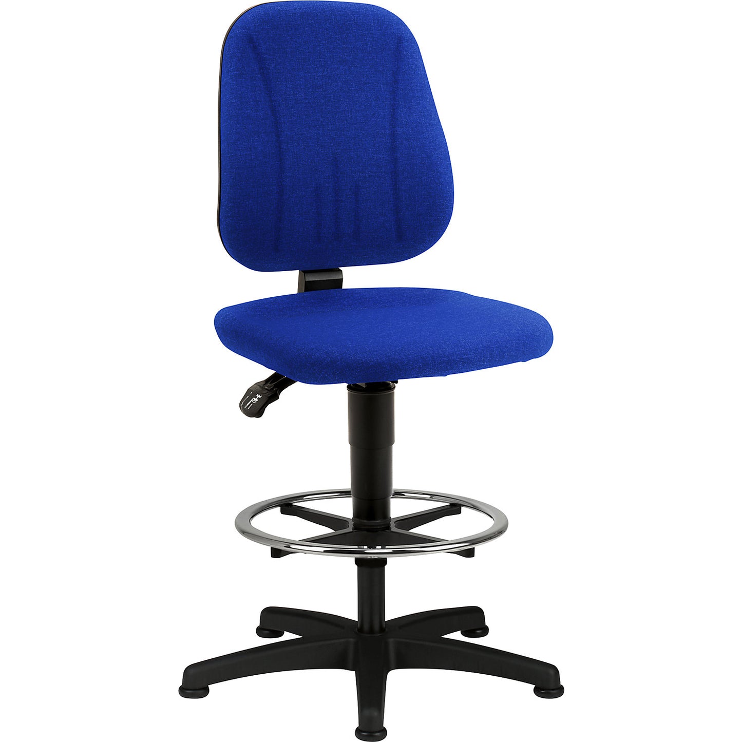 Industrial swivel chair, with gas lift height adjustment, fabric cover, blue, with floor glides and foot ring.