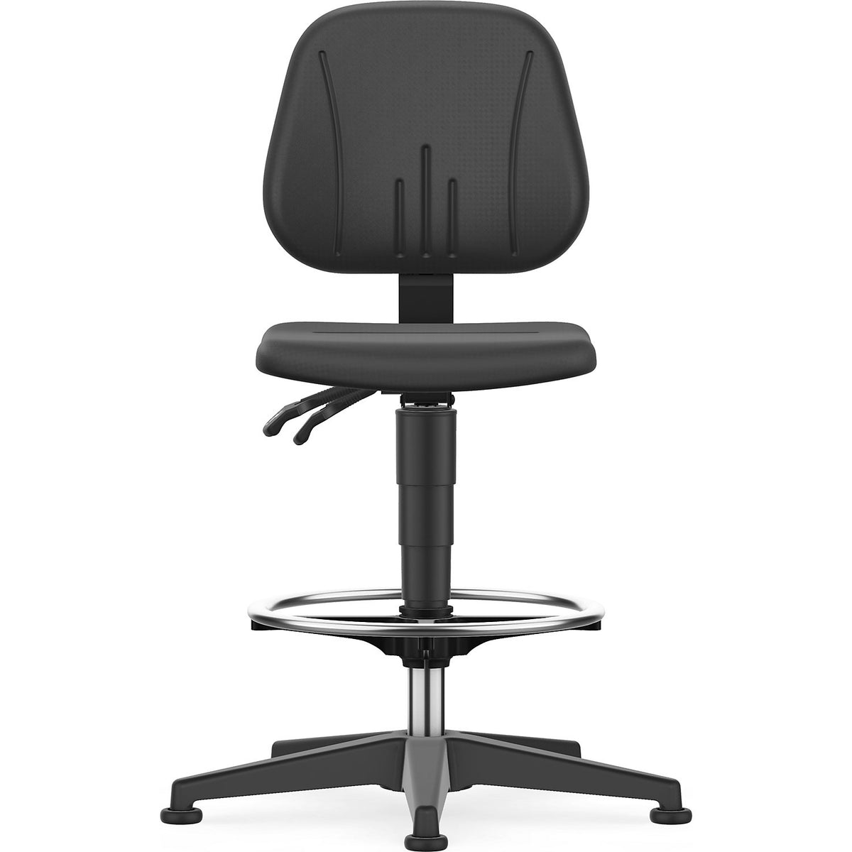 Unitec industrial swivel chair, with gas lift height adjustment, PU foam, black, with floor glides and foot ring.