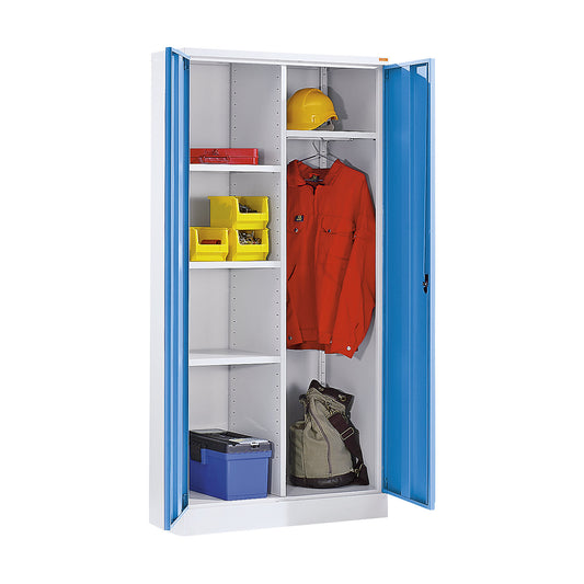 Venlo locker for cleaning products, 1 coat rail, 3 shelves, light grey / light blue.
