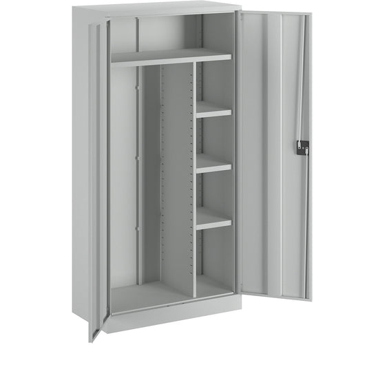 Venlo locker for cleaning products, 1 coat rail, 1 storage shelf, 3 shelves, light grey.