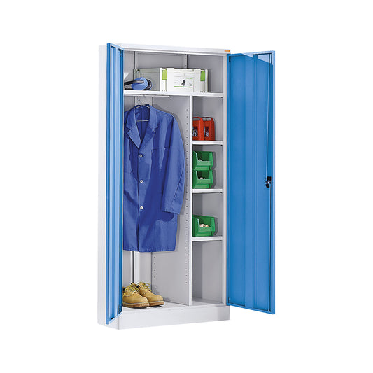 Venlo locker for cleaning products, 1 coat rail, 1 storage shelf, 3 shelves, light grey / light blue.