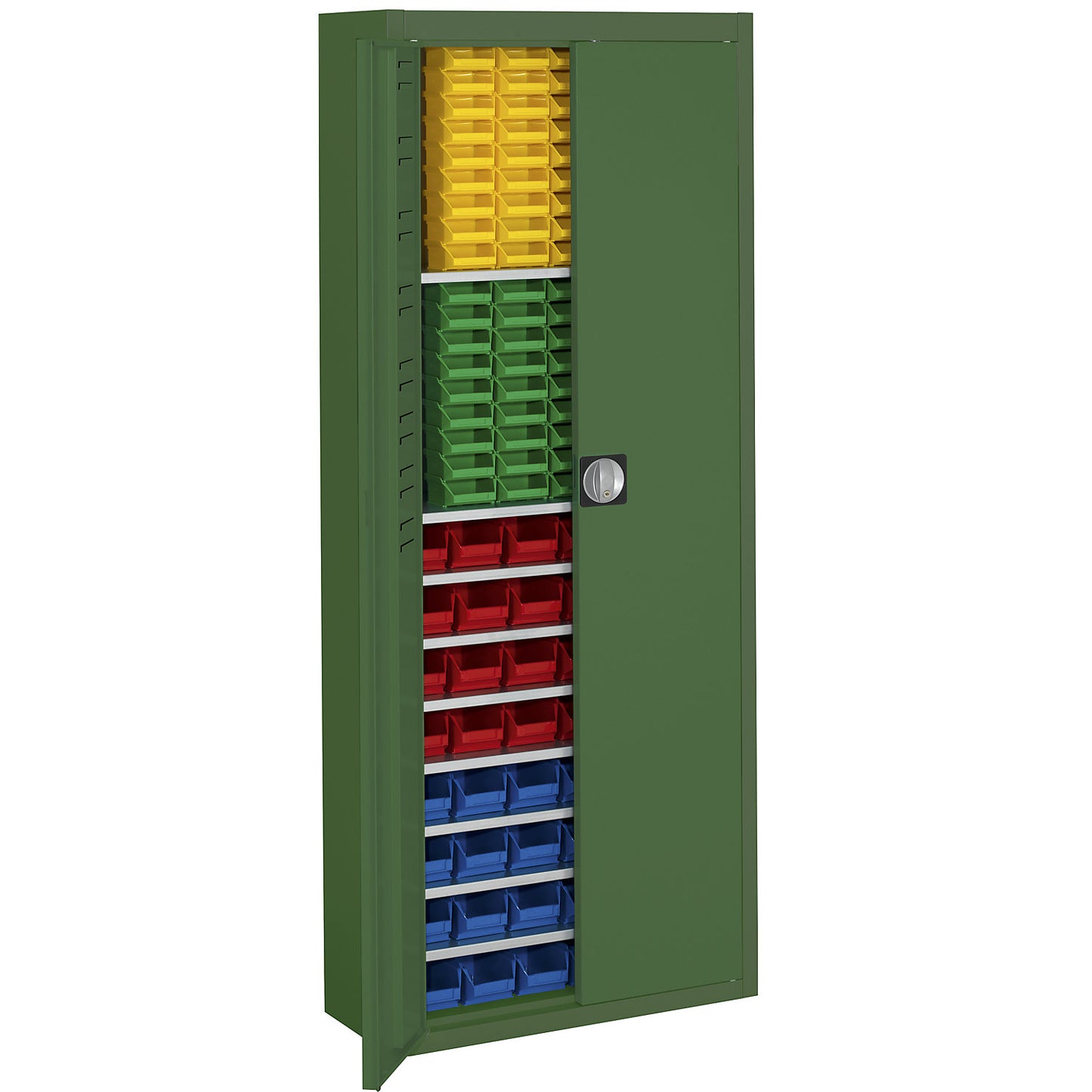 Storage cupboard with open fronted storage bins, HxWxD 1740 x 680 x 280 mm, single colour, green, 138 bins.