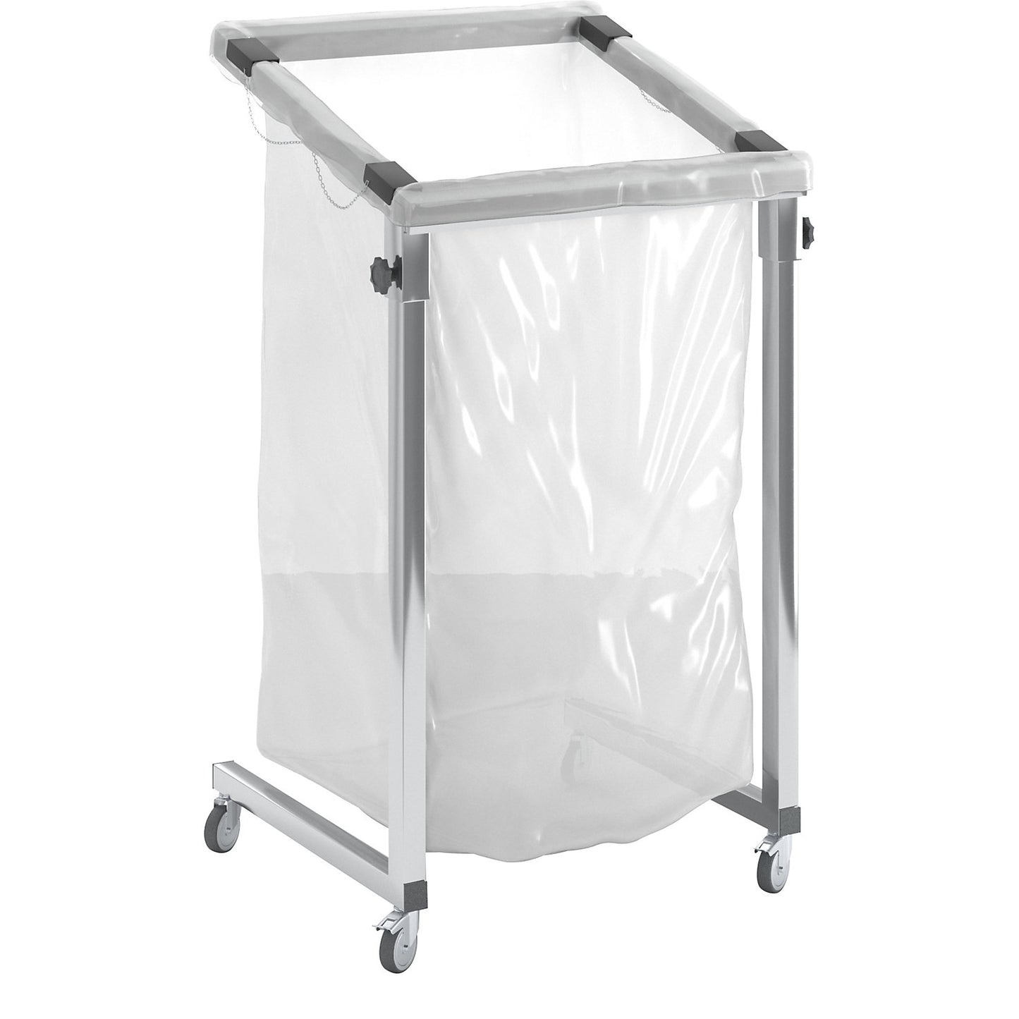 Large-capacity waste sack holder, for capacity 1000 l, mobile, made of square tubing.