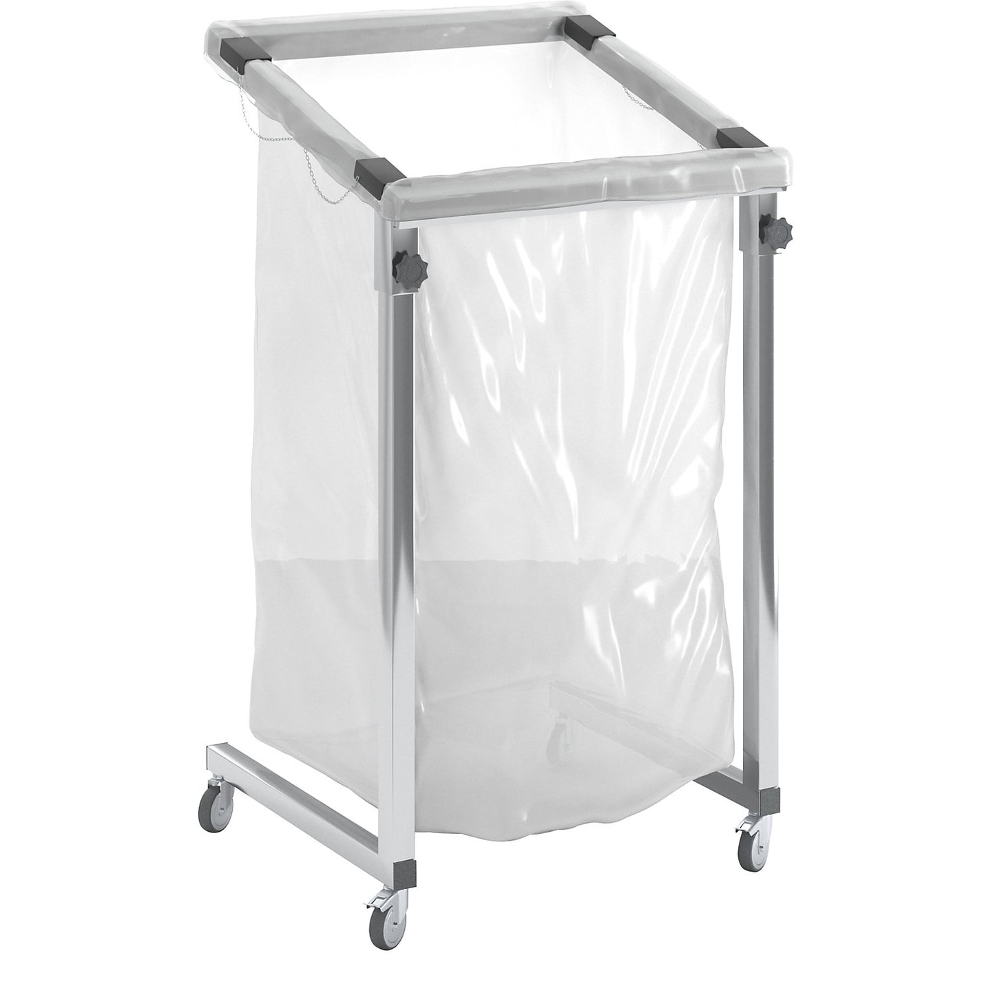 Large-capacity waste sack holder, for capacity 2500 l, mobile, made of square tubing.