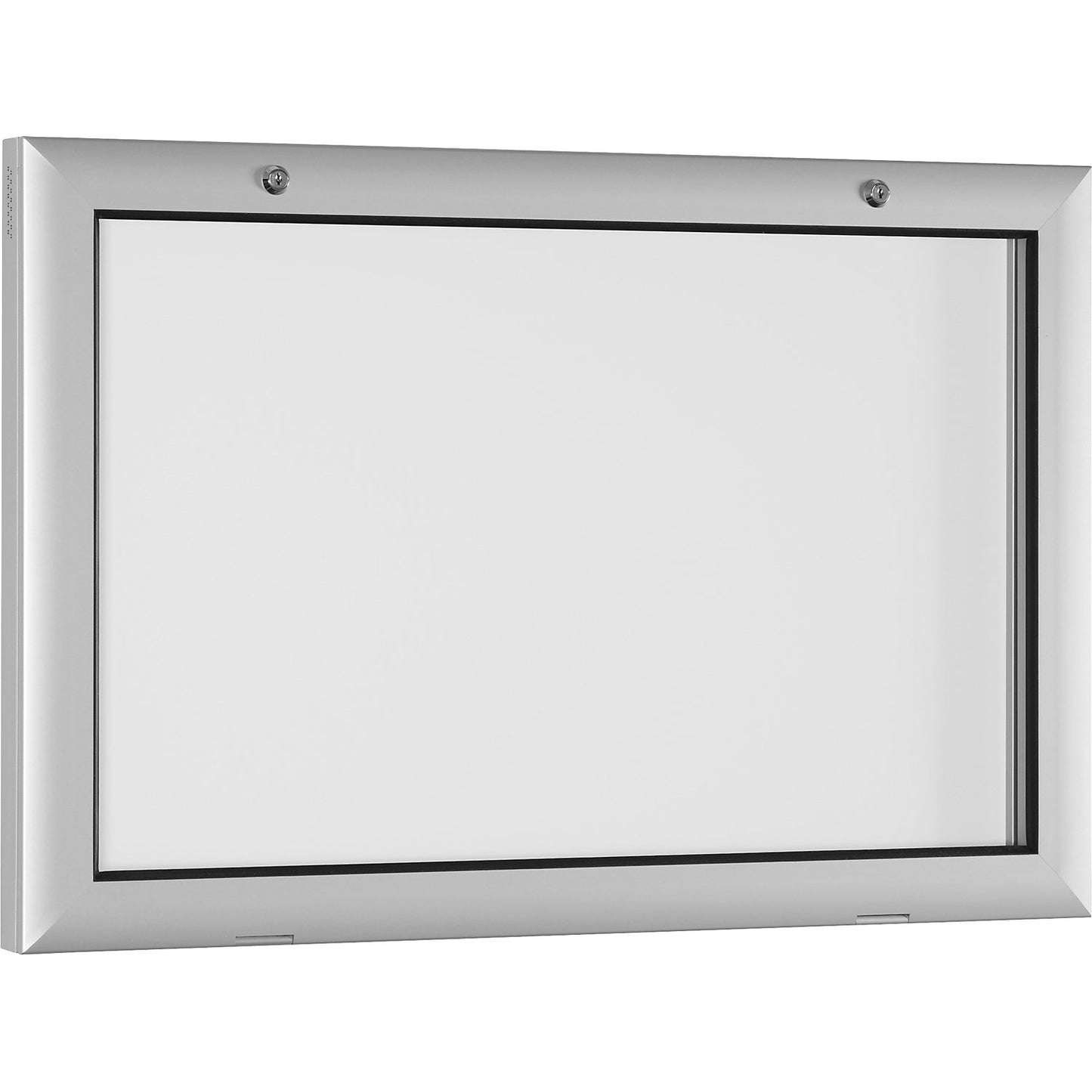 Display case for indoor and outdoor use, door opens downwards 180°, for A2, rear panel pure white RAL 9010.