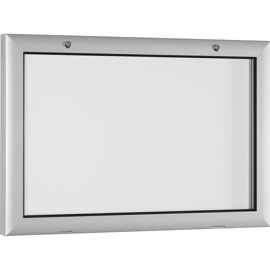 Display case for indoor and outdoor use, door opens downwards 180°, for A2, rear panel pure white RAL 9010.