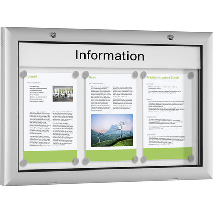 Display case for indoor and outdoor use, door opens downwards 180°, for A2, rear panel pure white RAL 9010.