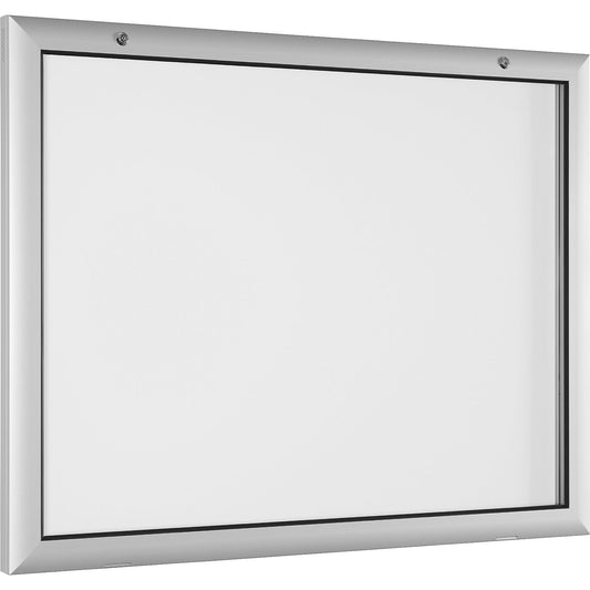 Display case for indoor and outdoor use, door opens downwards 180°, for A1, rear panel pure white RAL 9010.