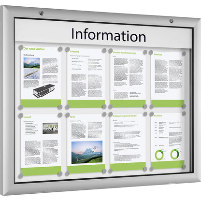 Display case for indoor and outdoor use, door opens downwards 180°, for A1, rear panel pure white RAL 9010.