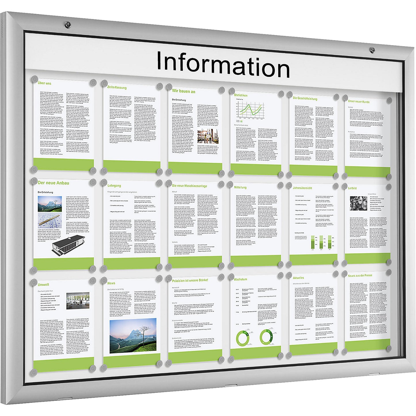 Display case for indoor and outdoor use, door opens downwards 180°, for A0, rear panel pure white RAL 9010.