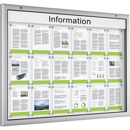 Display case for indoor and outdoor use, door opens downwards 180°, for A0, rear panel pure white RAL 9010.